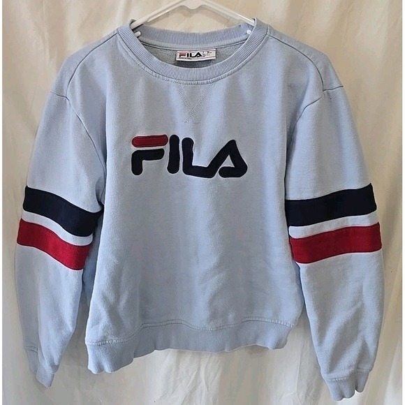 Vintage FILA Baby Blue Pullover Sweatshirt Stripe Sleeves Size L 90's Y2K - Picture 1 of 15